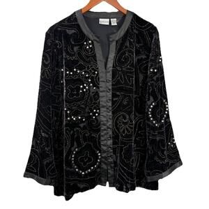 Chico’s Black Velvet Embellished Blouse Size 2 Silk Rayon Beaded Button Front
